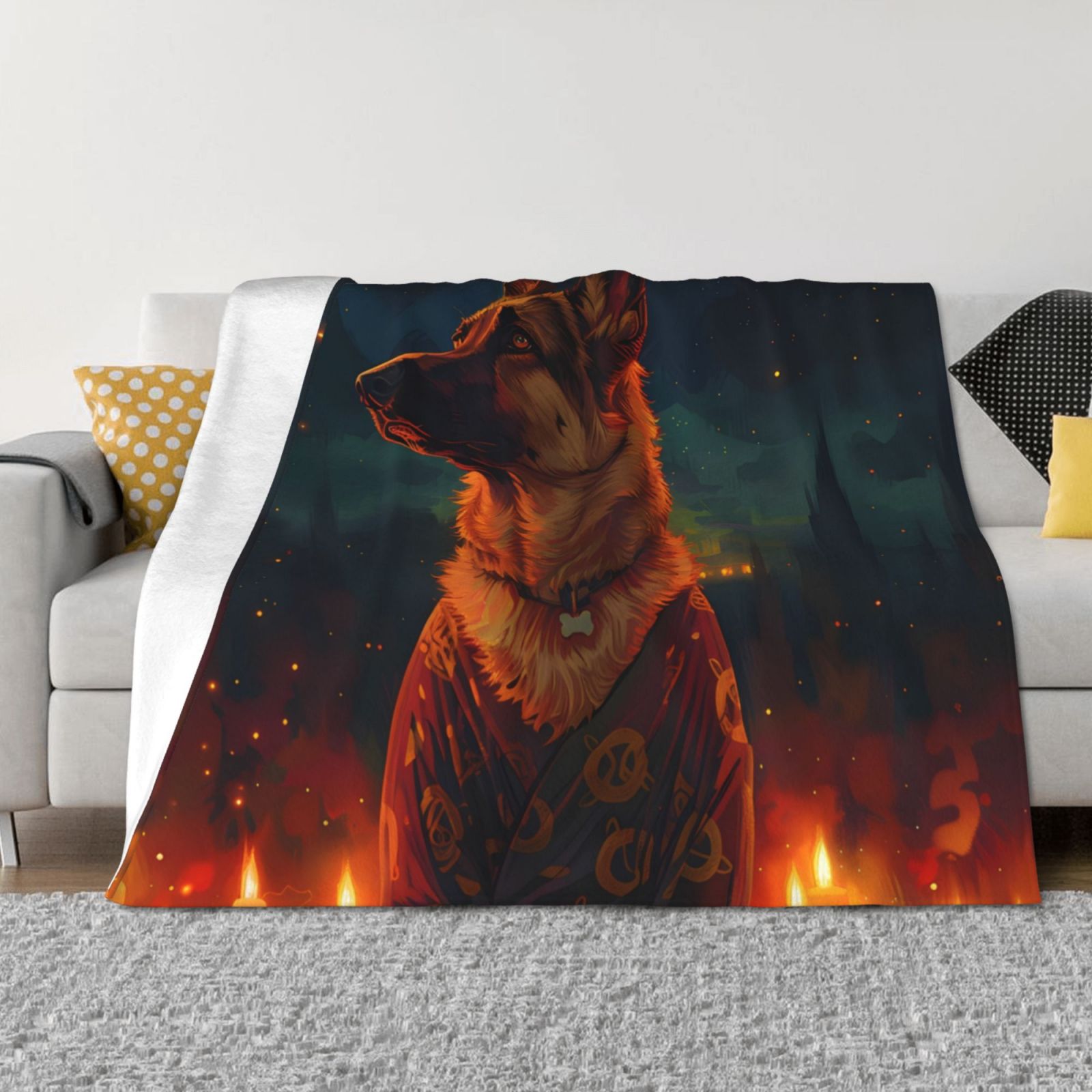 Throw Blanket for Couch - Candle Shepherd Dog Soft Comfy Lightweight Cozy Warm Throw Blanket, Fuzzy Plush Flannel Blanket & Throws for Sofa and Bed All Season