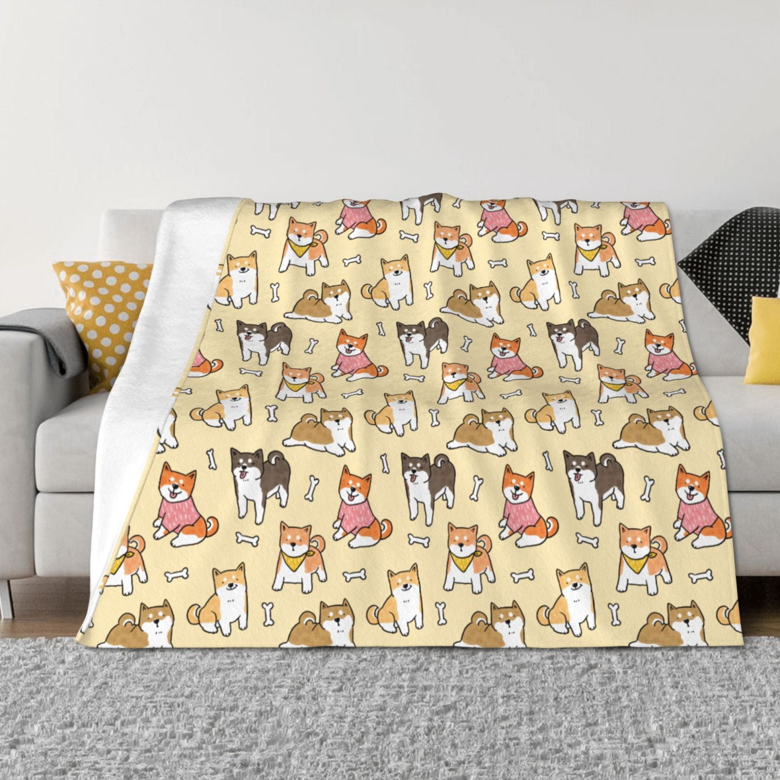 Throw Blanket for Couch - Cartoon Shiba Inu Dog Soft Comfy Lightweight Cozy Warm Throw Blanket, Fuzzy Plush Flannel Blanket & Throws for Sofa and Bed All Season