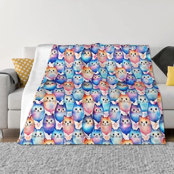 Throw Blanket for Couch - Cartoon colorful cute cat Soft Comfy Lightweight Cozy Warm Throw Blanket, Fuzzy Plush Flannel Blanket & Throws for Sofa and Bed All Season