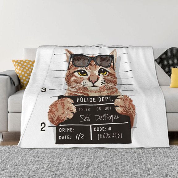 Throw Blanket for Couch - Cat Holding Mugshot Sign Soft Comfy Lightweight Cozy Warm Throw Blanket, Fuzzy Plush Flannel Blanket & Throws for Sofa and Bed All Season