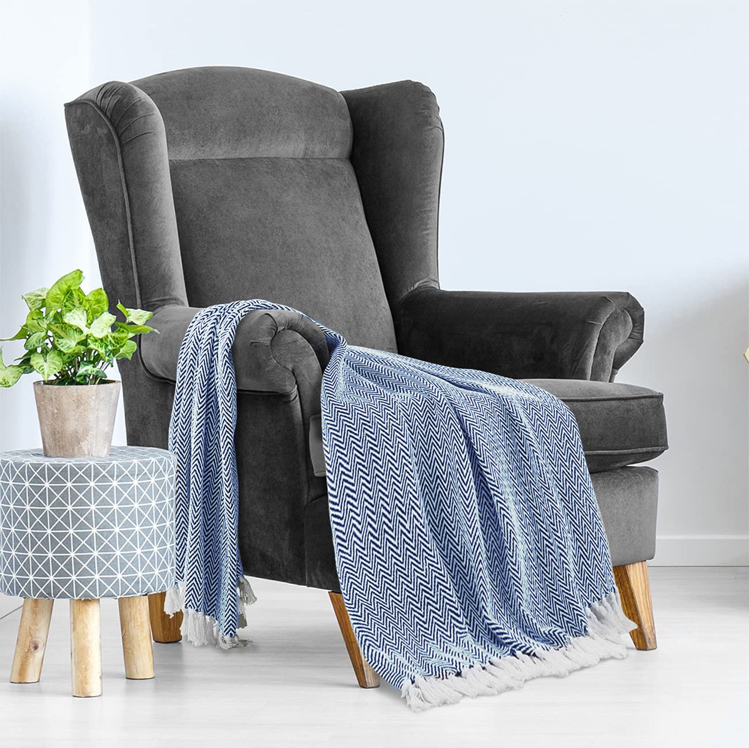 Throw Blanket for Couch Chevron Herringbone 50" x 60" - All Seasons Lightweight Cozy Soft Woven Blankets & Throws for Bed Farmhouse and Sofa - Cotton with Decorative Fring