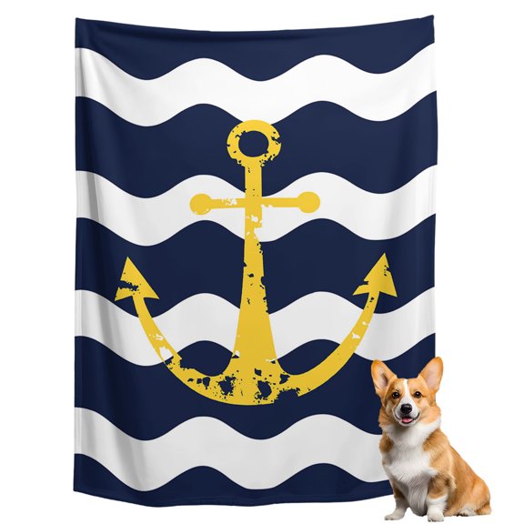 Throw Blanket for Couch, Chic Nautical Anchor on Navy Blue White Sripes Soft Fleece Blanket 40x50in, Cozy Warm Flannel Throw Blankets All Season Use, Chevron Zig Zag Blankets for Sofa Bed