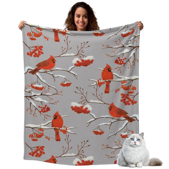 Throw Blanket for Couch, Christmas Cardinal Winter Snowflake Soft Cozy Warm Flannel Blanket 30x40in, Country Berry on Gray Lightweight Fleece Throw Blankets for Sofa Bedroom Office All Season Use