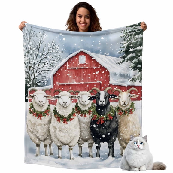 Throw Blanket for Couch, Christmas Sheep Farm Red Barn Soft Cozy Warm Flannel Blanket 30x40in, Winter Snow Scene Lightweight Fleece Throw Blankets for Sofa Bedroom Office All Season Use