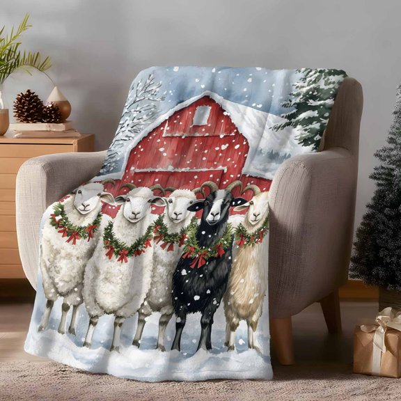 Throw Blanket for Couch, Christmas Sheep Farm Red Barn Soft Fleece Blanket 40x50in, Cozy Warm Flannel Throw Blankets All Season Use, Winter Snow Scene Lightweight Blankets for Sofa Bed
