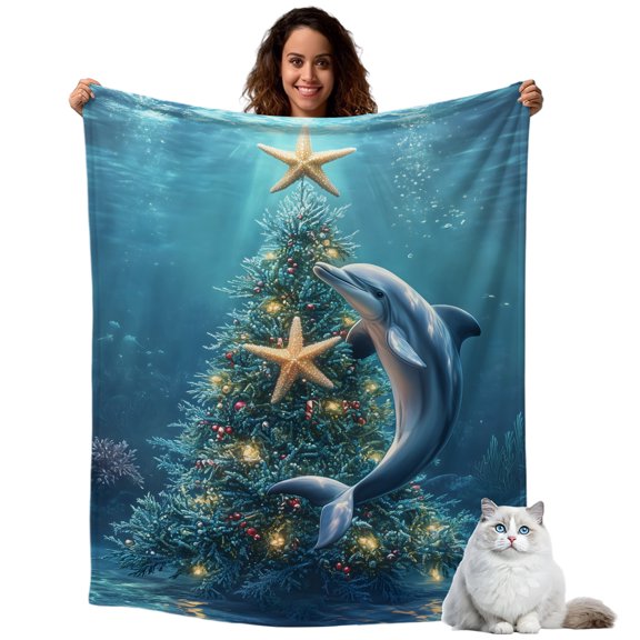 Throw Blanket for Couch, Christmas Tree Ocean Dolphin Soft Cozy Warm Flannel Blanket 30x40in, Winter Underwater Marine Starfish Lightweight Fleece Throw Blankets for Sofa Bedroom Office