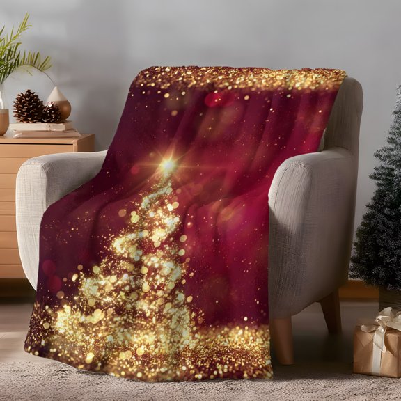 Throw Blanket for Couch, Christmas Tree Sparkle Star Soft Fleece Blanket 40x50in, Cozy Warm Flannel Throw Blankets All Season Use, Gold Xmas Trees Burgundy Red Lightweight Blankets for Sofa Bed