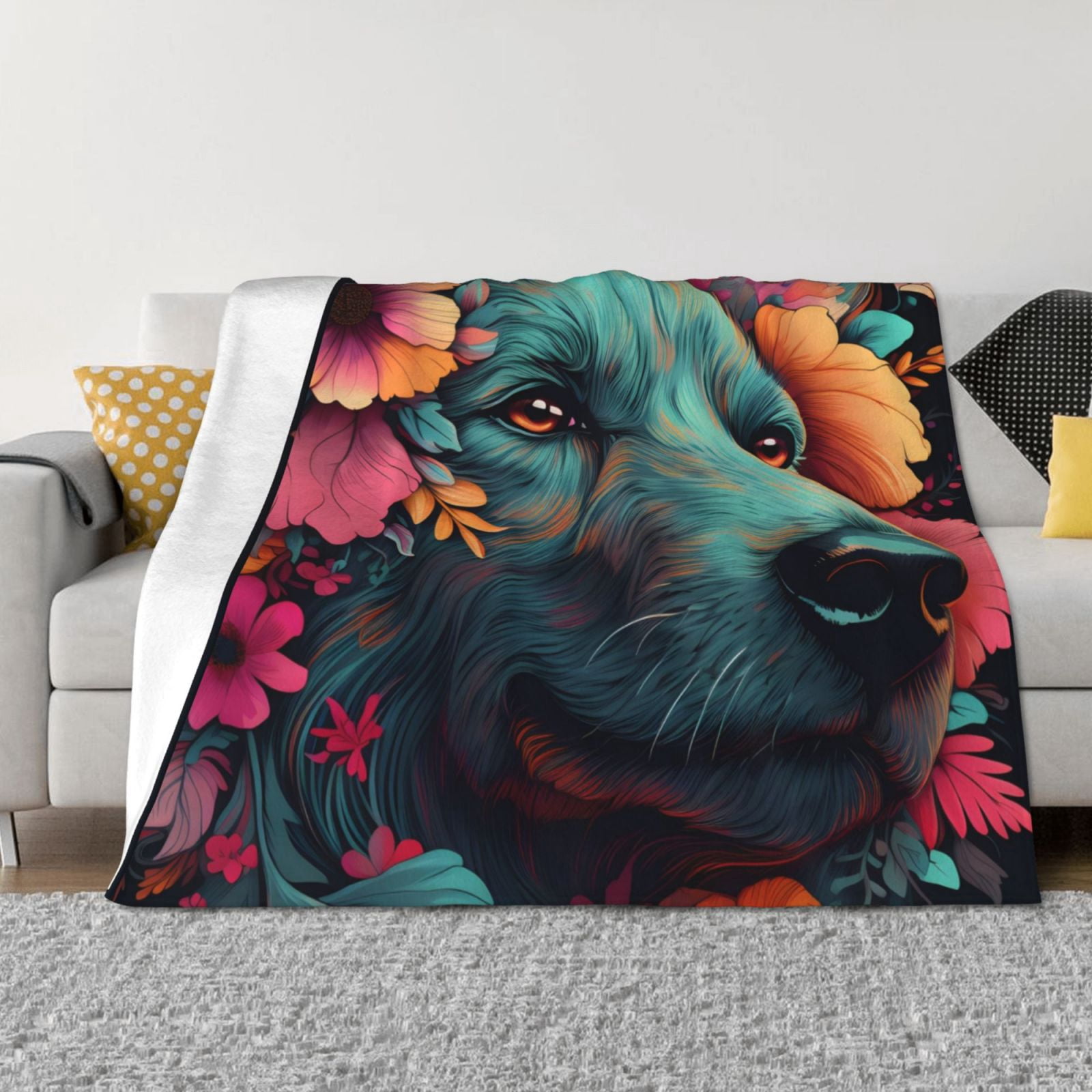 Throw Blanket for Couch - Colorful Flower Dog A Soft Comfy Lightweight Cozy Warm Throw Blanket, Fuzzy Plush Flannel Blanket & Throws for Sofa and Bed All Season