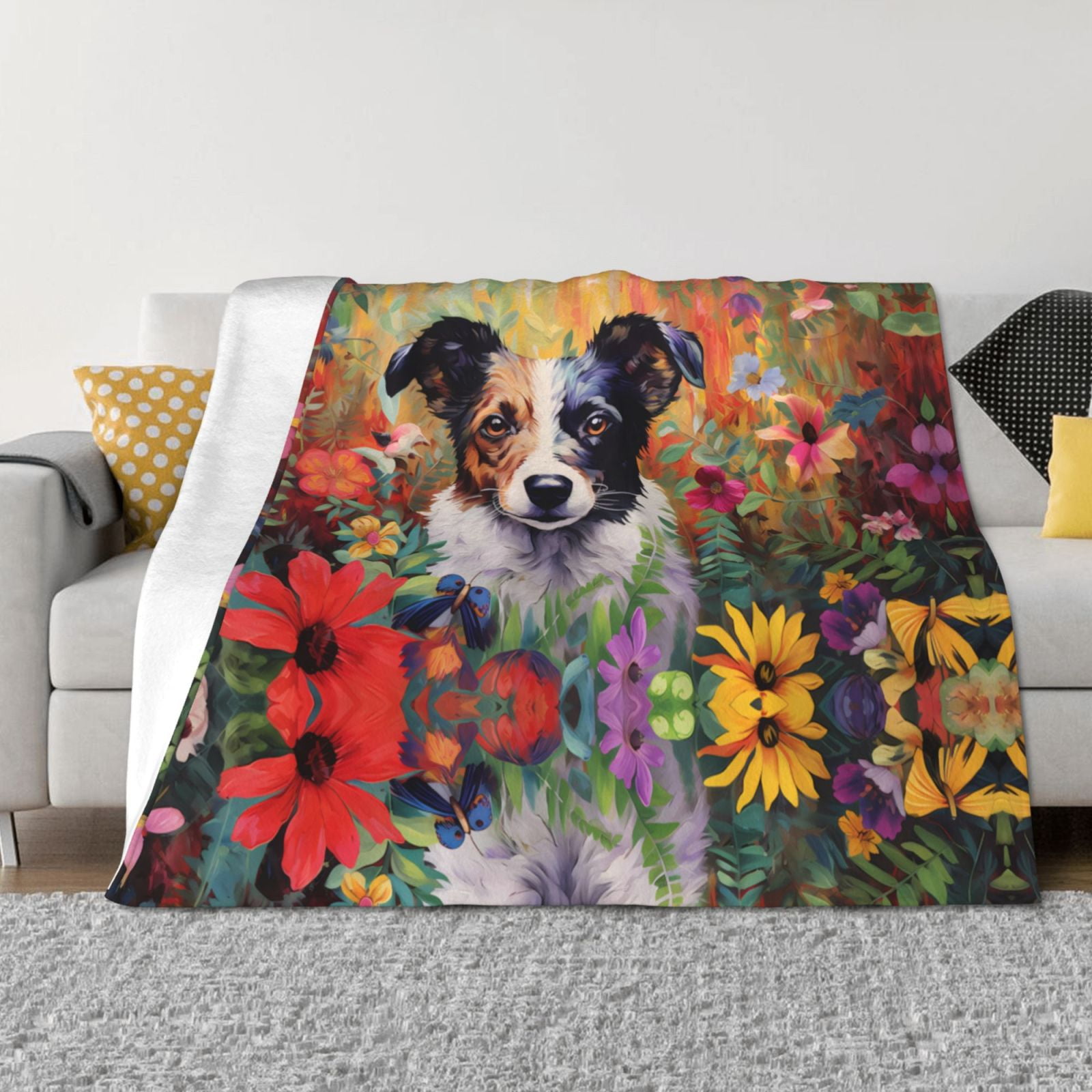 Throw Blanket for Couch - Colorful Flower Dog Soft Comfy Lightweight Cozy Warm Throw Blanket, Fuzzy Plush Flannel Blanket & Throws for Sofa and Bed All Season