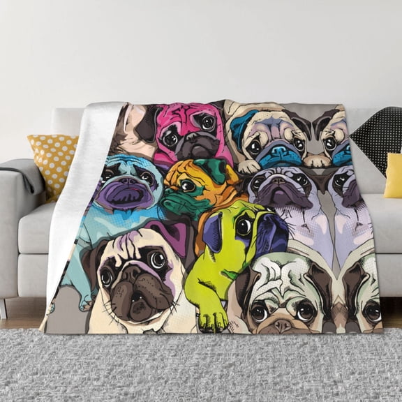 Throw Blanket for Couch - Colorful Pug Soft Comfy Lightweight Cozy Warm Throw Blanket, Fuzzy Plush Flannel Blanket & Throws for Sofa and Bed All Season
