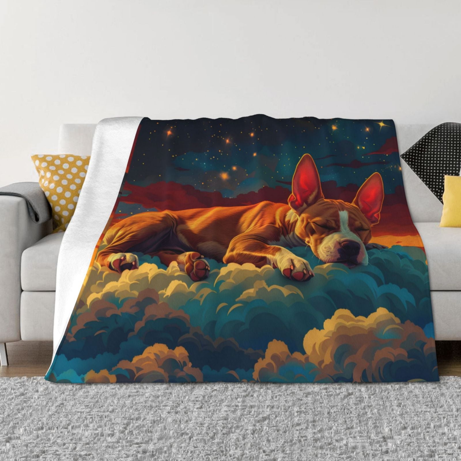 Throw Blanket for Couch - Colorful Starry Sky Sleep Dog Soft Comfy Lightweight Cozy Warm Throw Blanket, Fuzzy Plush Flannel Blanket & Throws for Sofa and Bed All Season