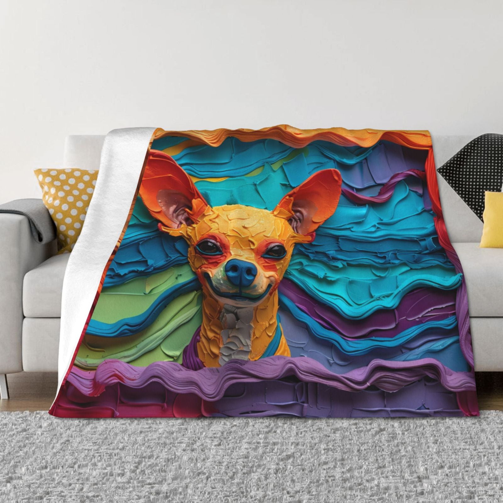 Throw Blanket for Couch, Colorful Textured Chihuahua Fuzzy Comfy Warm