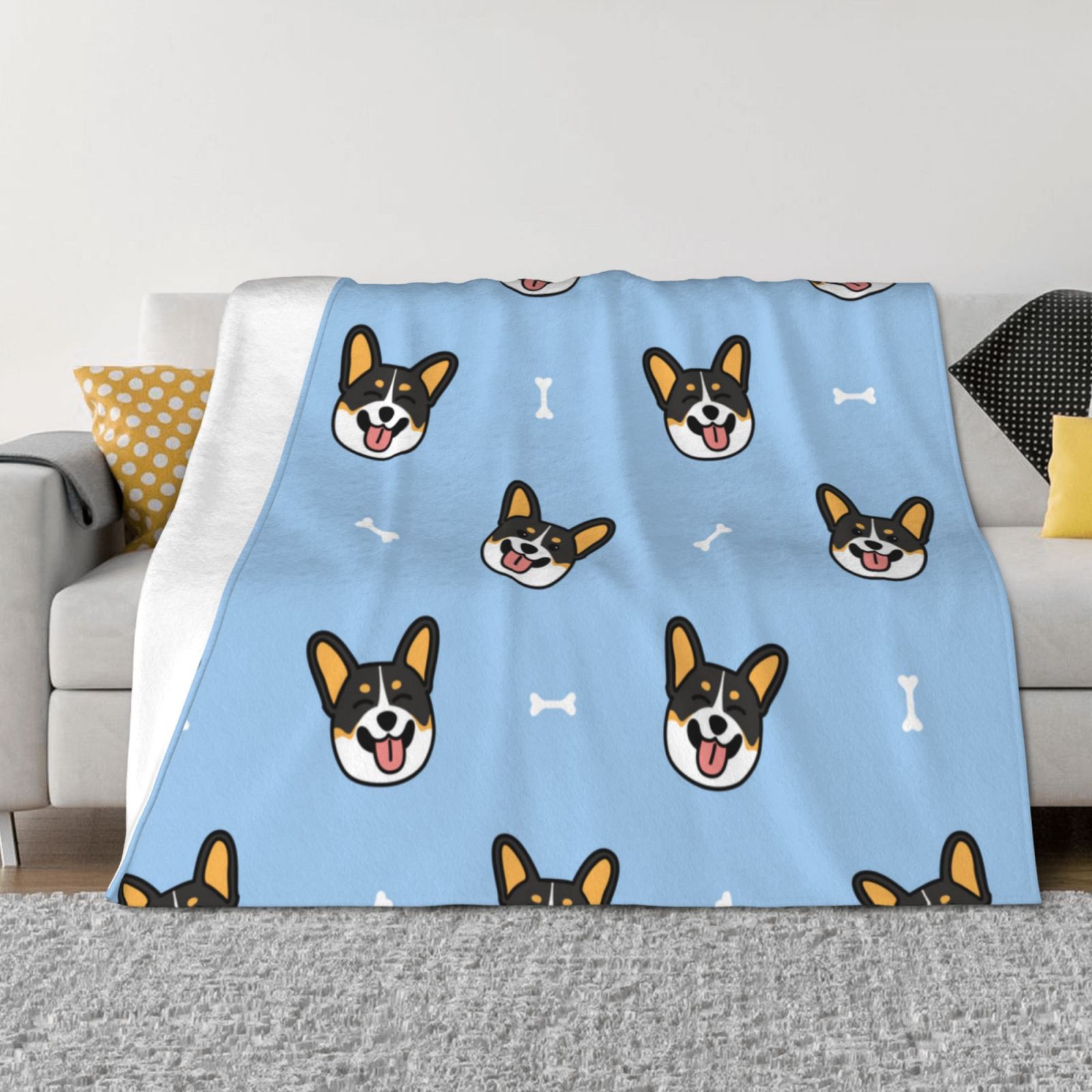 Throw Blanket for Couch - Corgi Dog Blue Soft Comfy Lightweight Cozy Warm Throw Blanket, Fuzzy Plush Flannel Blanket & Throws for Sofa and Bed All Season