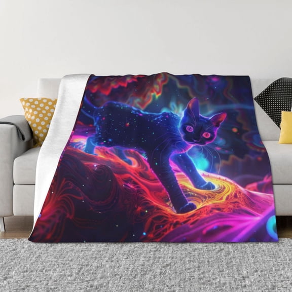 Throw Blanket for Couch - Cosmic Cat Psychedelic Journey Soft Comfy Lightweight Cozy Warm Throw Blanket, Fuzzy Plush Flannel Blanket & Throws for Sofa and Bed All Season