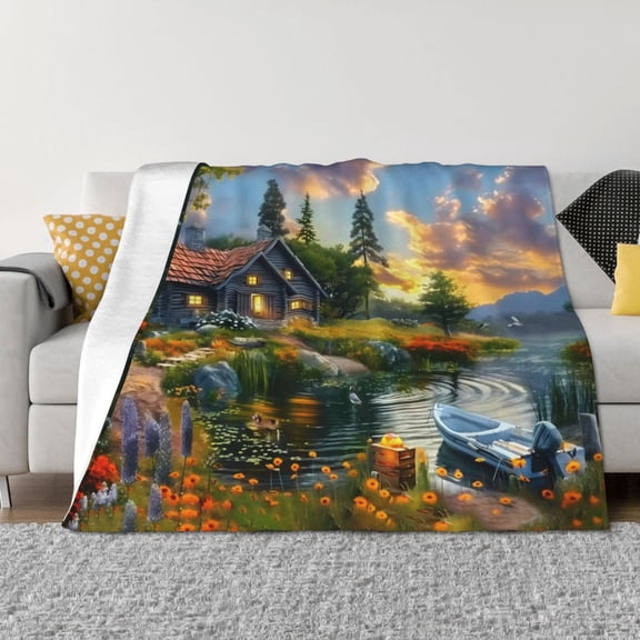 Throw Blanket for Couch - Cozy Cottage Lakeside Sunset Soft Comfy Lightweight Cozy Warm Throw Blanket, Fuzzy Plush Flannel Blanket & Throws for Sofa and Bed All Season