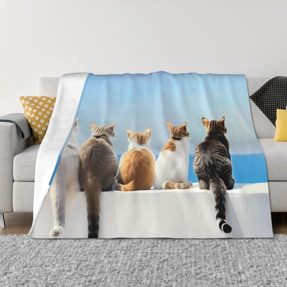 Throw Blanket for Couch - Cute Cats Watching Ocean Soft Comfy Lightweight Cozy Warm Throw Blanket, Fuzzy Plush Flannel Blanket & Throws for Sofa and Bed All Season