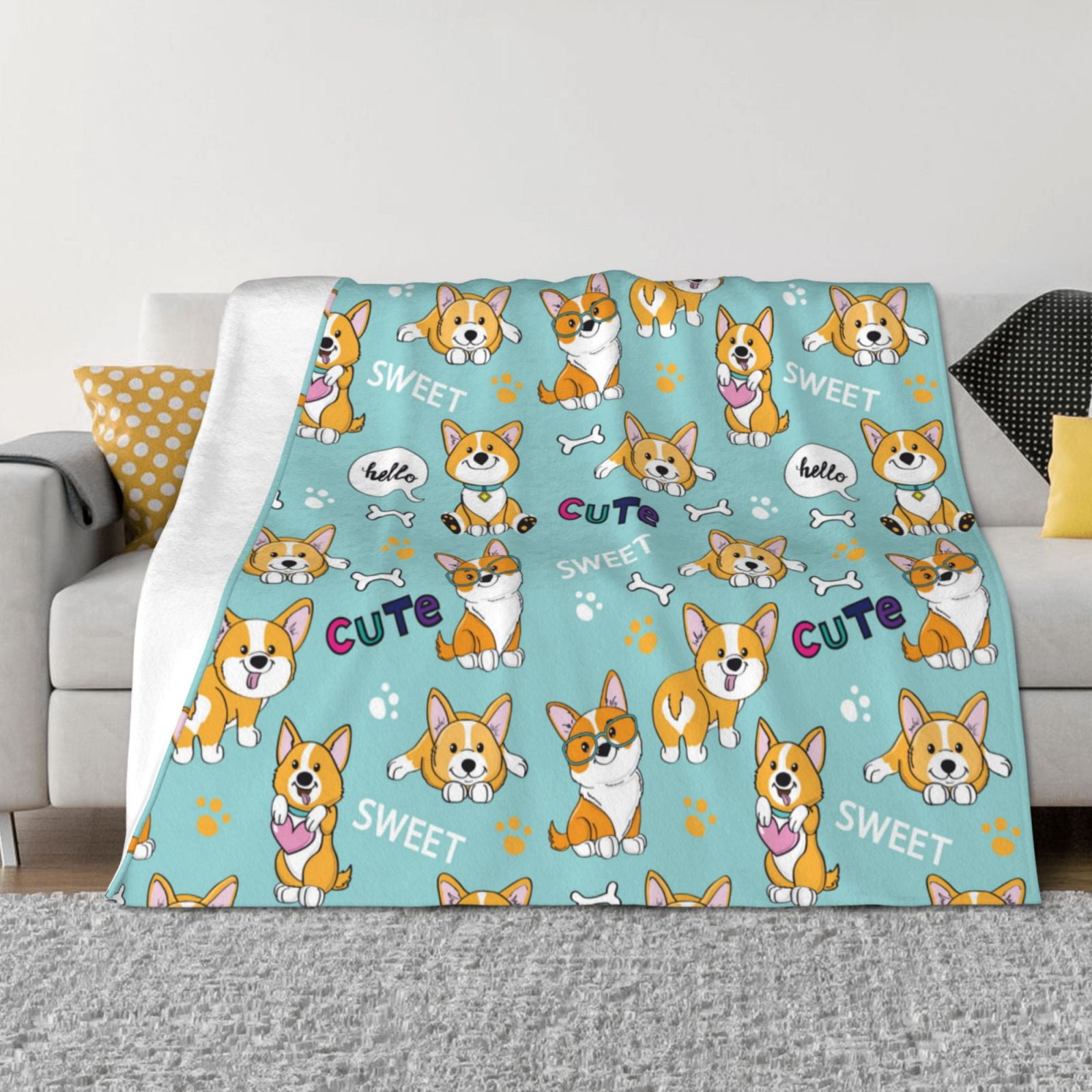 Throw Blanket for Couch - Cute Dogs Corgi Soft Comfy Lightweight Cozy Warm Throw Blanket, Fuzzy Plush Flannel Blanket & Throws for Sofa and Bed All Season