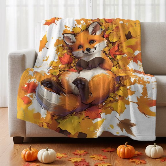 Throw Blanket for Couch, Cute Fox Lying in Orange Maple Leaves Soft Fleece Blanket 40x50in, Cozy Warm Flannel Throw Blankets All Season Use, Autumn Botanical Lightweight Blankets for Sofa Bed