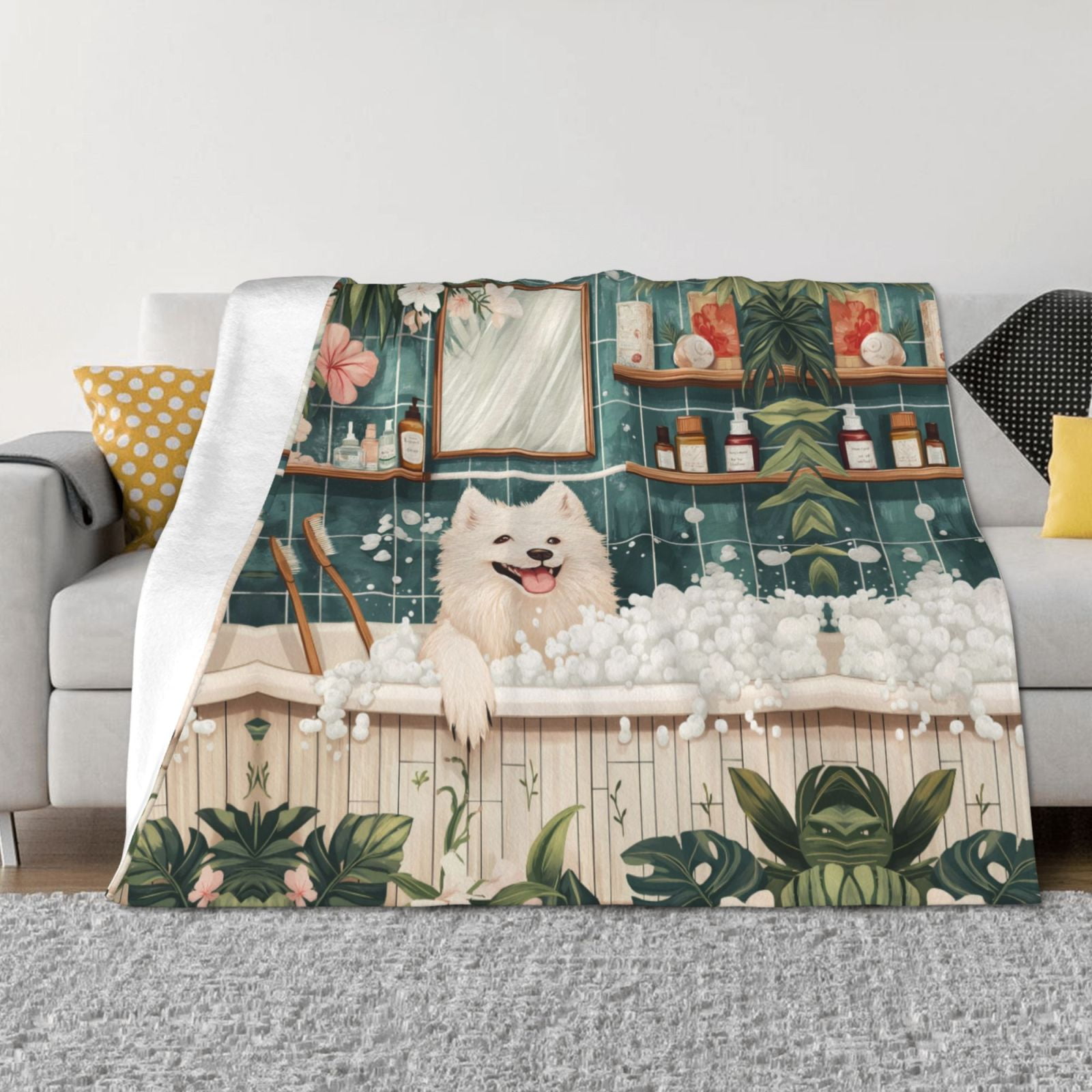 Throw Blanket for Couch - Dog in Tropical Bathtub Soft Comfy Lightweight Cozy Warm Throw Blanket, Fuzzy Plush Flannel Blanket & Throws for Sofa and Bed All Season