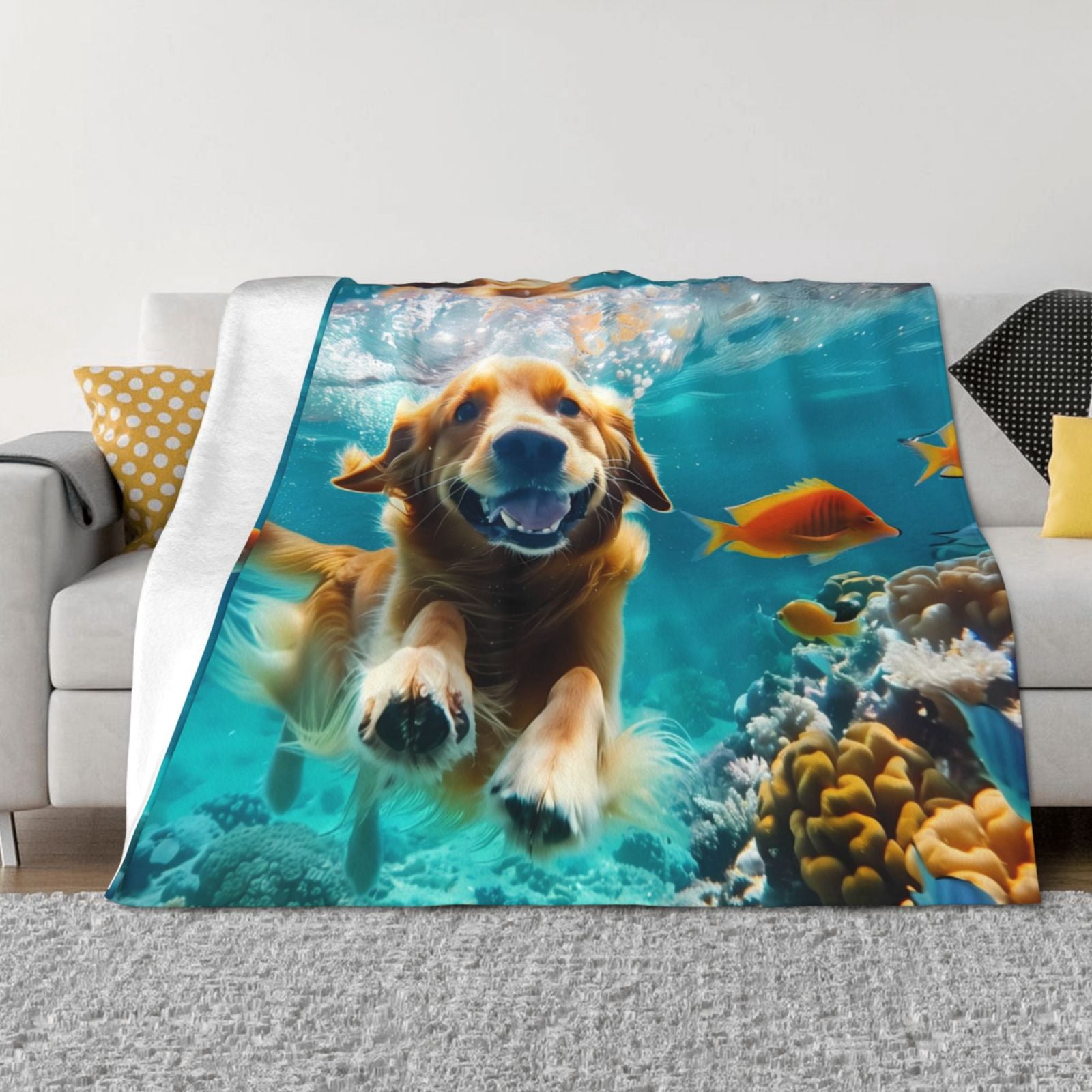 Throw Blanket for Couch - Dog Underwater Adventure Soft Comfy Lightweight Cozy Warm Throw Blanket, Fuzzy Plush Flannel Blanket & Throws for Sofa and Bed All Season