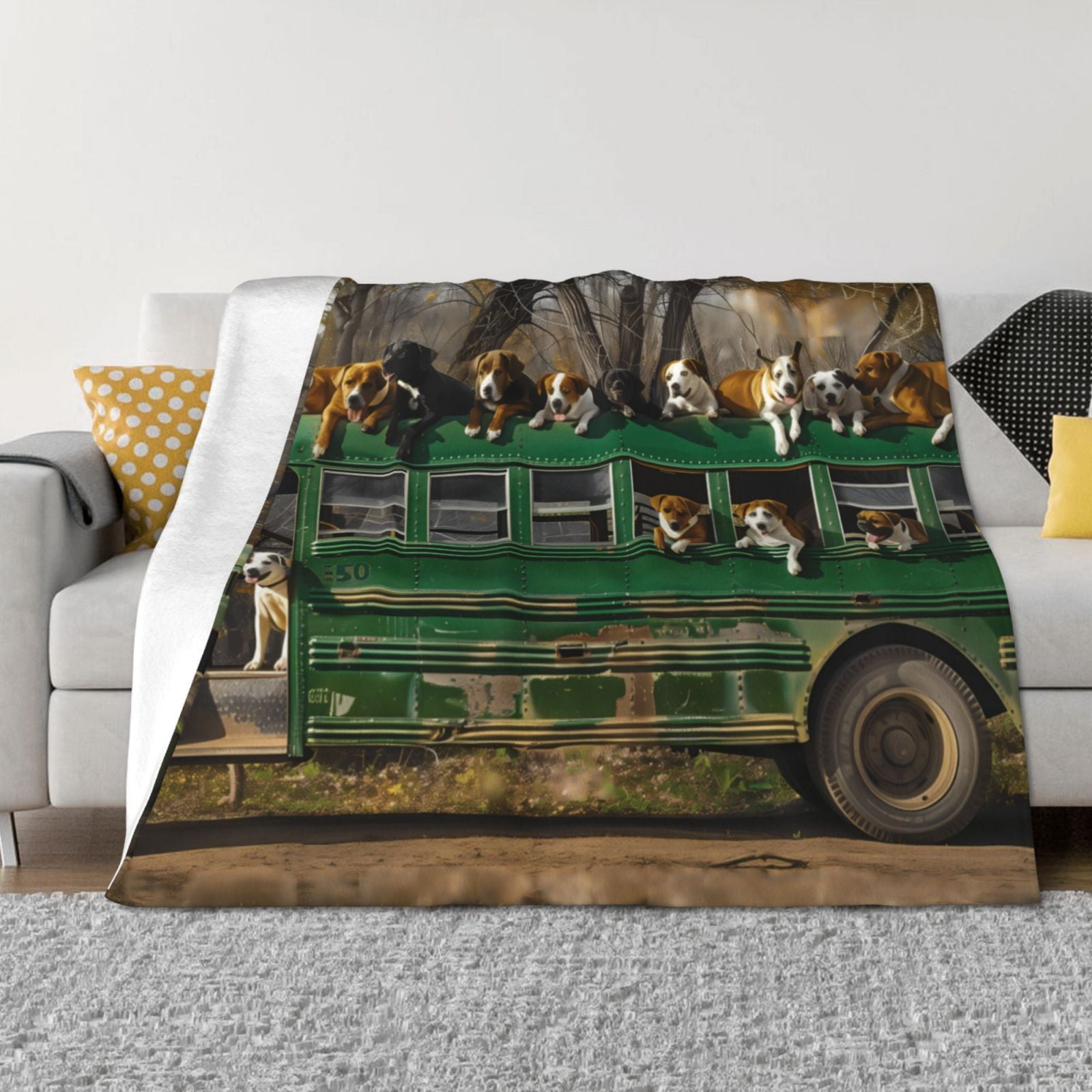 Throw Blanket for Couch - Dogs On A School Bus Soft Comfy Lightweight Cozy Warm Throw Blanket, Fuzzy Plush Flannel Blanket & Throws for Sofa and Bed All Season