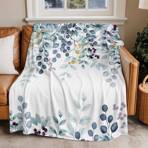 Throw Blanket for Couch Eucalyptus Leaves Soft Fleece Flannel Blankets Cozy Lightweight Blanket for Home Sofa Living Room Berry Branch Teal Blue Bed Throws 60" x 80"
