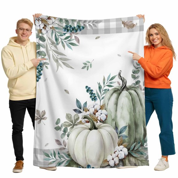 Throw Blanket for Couch, Fall Thanksgiving Pumpkin Leaf Soft Cozy Warm Flannel Blanket 30x40in, Farm Cotton Berry Gray Plaid Lightweight Fleece Throw Blankets for Sofa Bedroom Office All Season Use