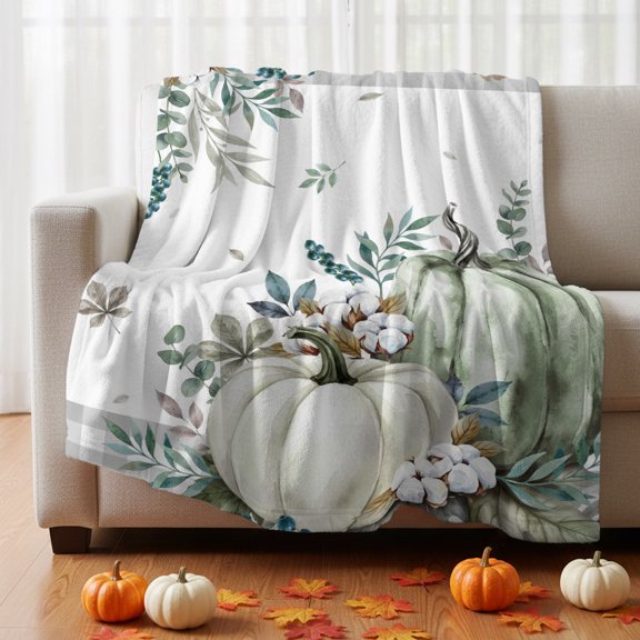 Throw Blanket for Couch, Fall Thanksgiving Pumpkin Leaf Soft Fleece Blanket 40x50in, Cozy Warm Flannel Throw Blankets All Season Use, Farm Cotton Berry Gray Plaid Lightweight Blankets for Sofa Bed