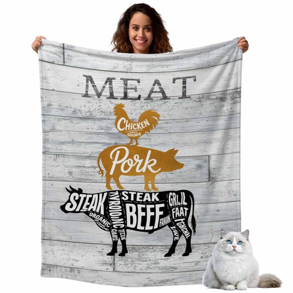Throw Blanket for Couch, Farm Meat Soft Cozy Warm Flannel Blanket 50x60in, Vintage Chicken Pork and Beef on Wood Board Lightweight Fleece Throw Blankets for Sofa Bedroom Office All Season Use