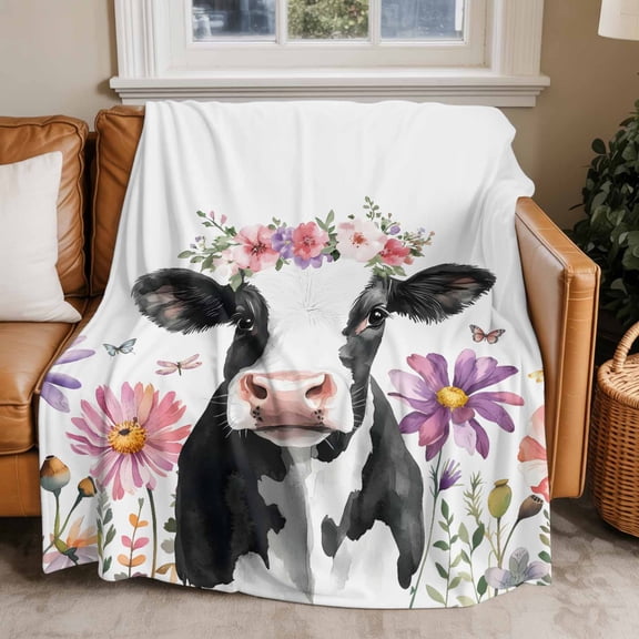 Throw Blanket for Couch Farmhouse Cow Soft Fleece Flannel Blankets Cozy Lightweight Blanket for Home Sofa Living Room Flower Butterfly Bed Throws 60" x 80"