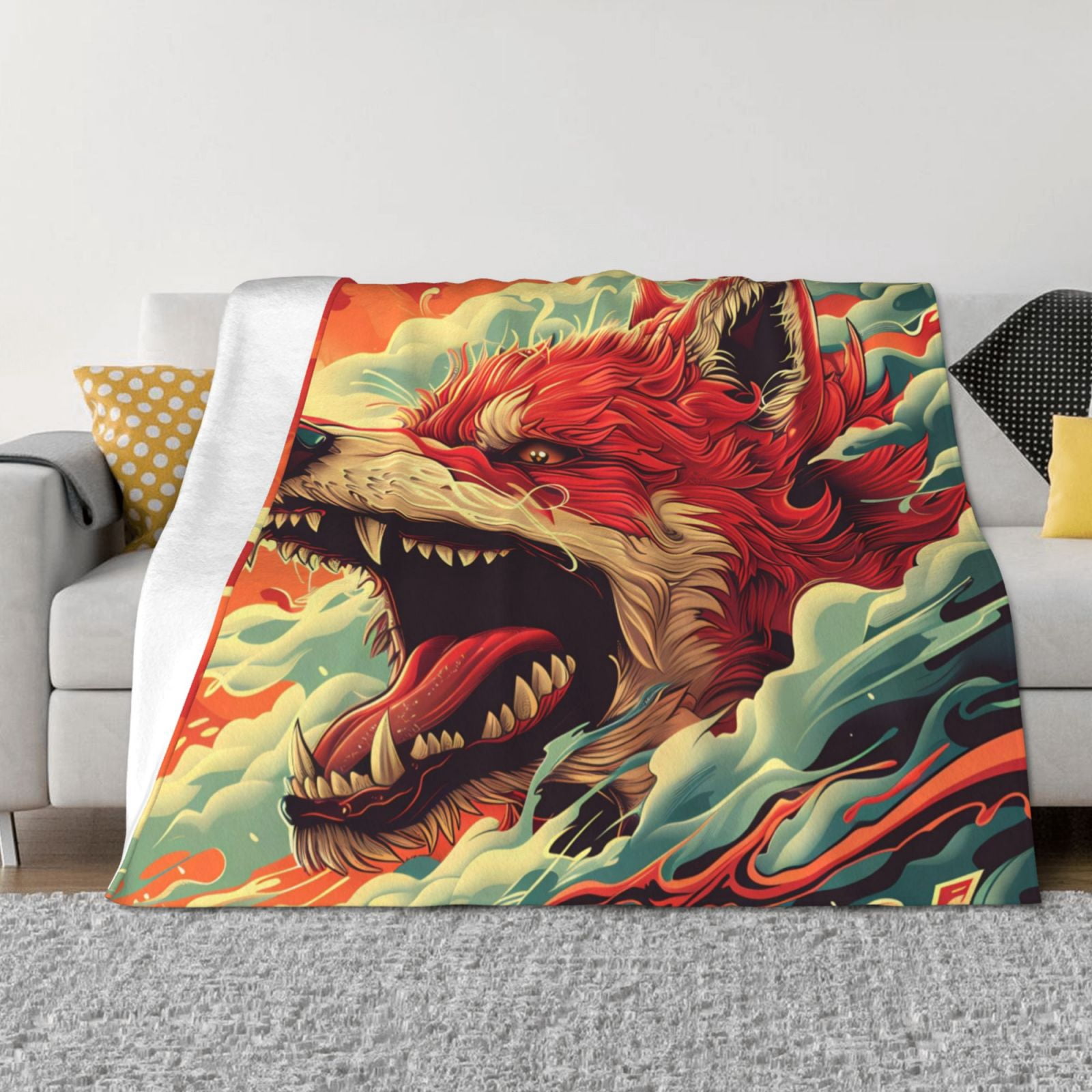 Throw Blanket for Couch - Fiery Wild Dog Illustration Soft Comfy Lightweight Cozy Warm Throw Blanket, Fuzzy Plush Flannel Blanket & Throws for Sofa and Bed All Season