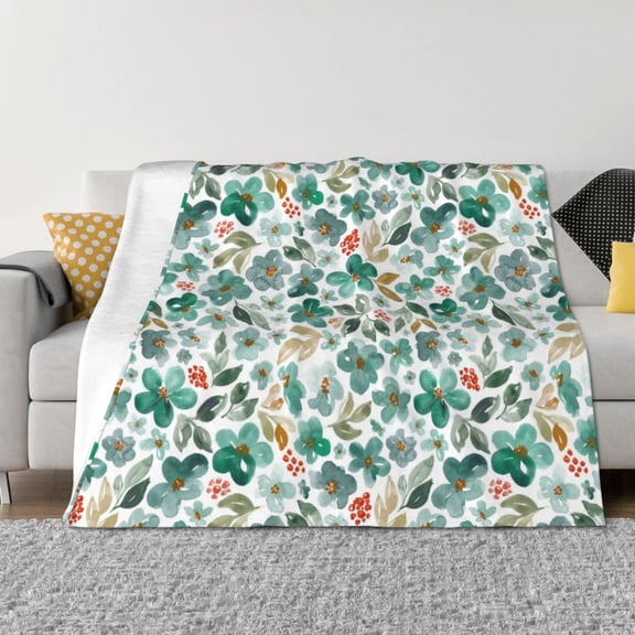 Throw Blanket for Couch - Floral In Teal Soft Comfy Lightweight Cozy Warm Throw Blanket, Fuzzy Plush Flannel Blanket & Throws for Sofa and Bed All Season