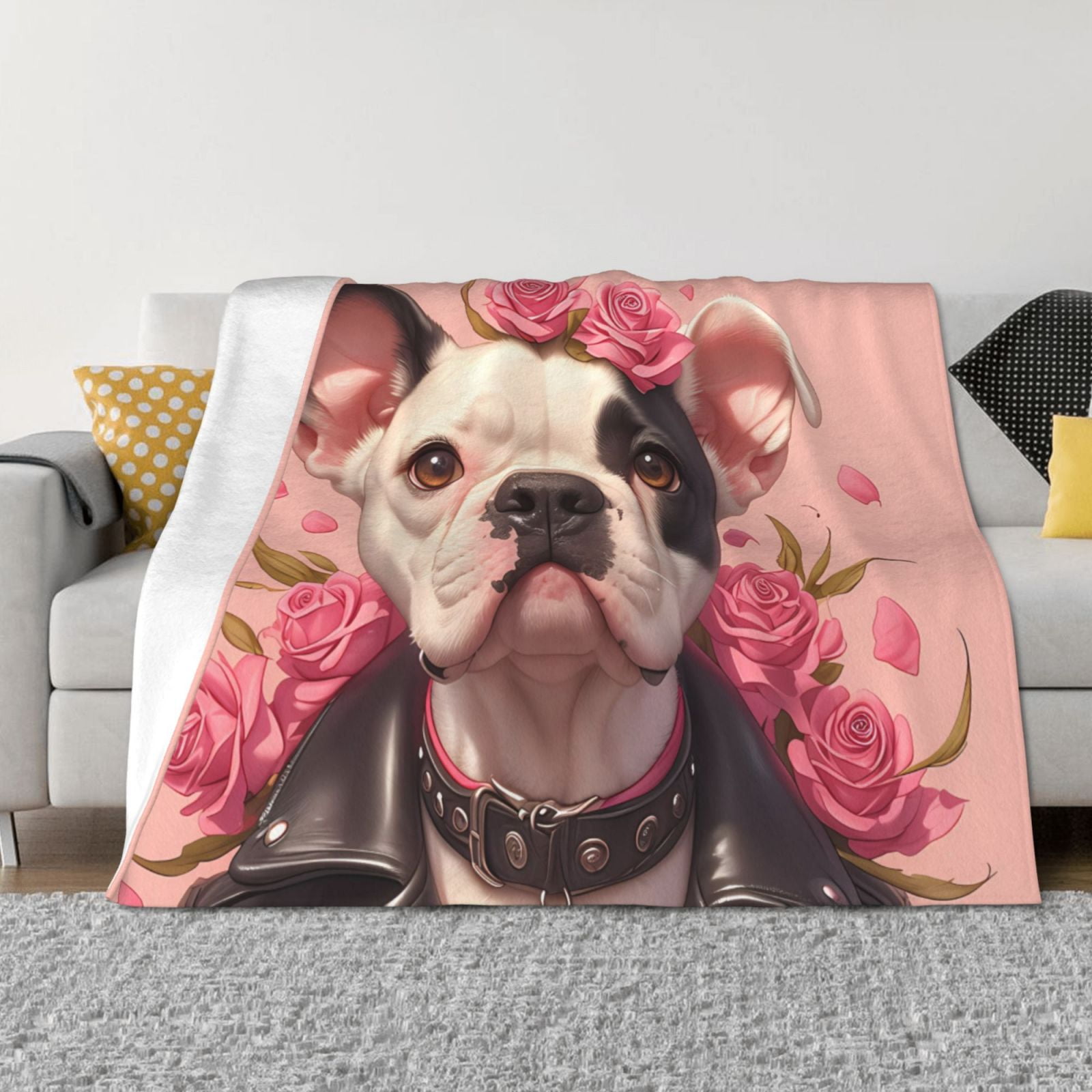 Throw Blanket for Couch, Floral Rocker Bulldog Fuzzy Comfy Warm Throw