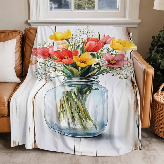 Throw Blanket for Couch Flower in Mason Jar Soft Fleece Flannel Blankets Cozy Lightweight Blanket for Home Sofa Living Room Tulip Flower Bed Throws 40" x 50"