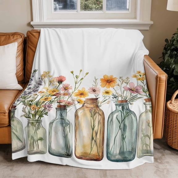 Throw Blanket for Couch Flowers in Mason Jar Soft Fleece Flannel Blankets Cozy Lightweight Blanket for Home Sofa Living Room Spring Flower Bed Throws 30" x 40"