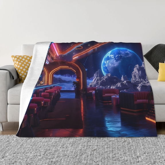 Throw Blanket for Couch - Futuristic Bar Space View Soft Comfy Lightweight Cozy Warm Throw Blanket, Fuzzy Plush Flannel Blanket & Throws for Sofa and Bed All Season