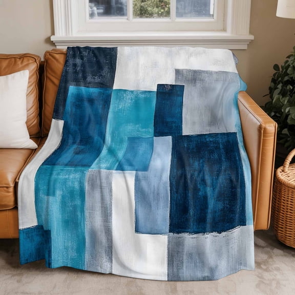 Throw Blanket for Couch Geometric Square Soft Fleece Flannel Blankets Cozy Lightweight Blanket for Home Sofa Living Room Blue Treal Bed Throws 60" x 80"