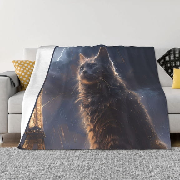 Throw Blanket for Couch - Giant Cat In Paris Rain Soft Comfy Lightweight Cozy Warm Throw Blanket, Fuzzy Plush Flannel Blanket & Throws for Sofa and Bed All Season