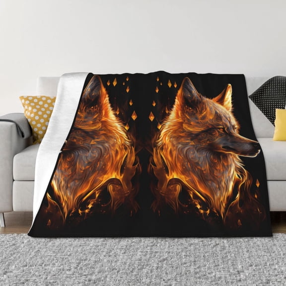 Throw Blanket for Couch - Gold Flame Pattern Wolf Soft Comfy Lightweight Cozy Warm Throw Blanket, Fuzzy Plush Flannel Blanket & Throws for Sofa and Bed All Season