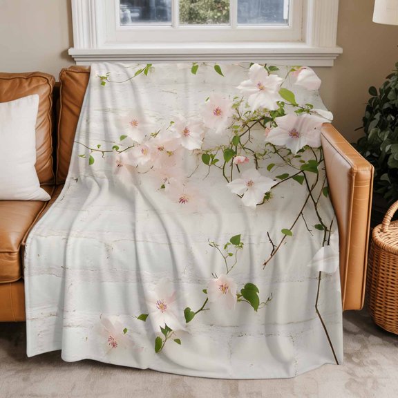 Throw Blanket for Couch Green Leaf Soft Fleece Flannel Blankets Cozy Lightweight Blanket for Home Sofa Living Room Pink Flower Vine Bed Throws 50" x 60"