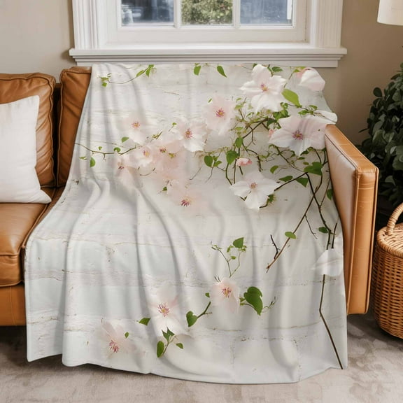 Throw Blanket for Couch Green Leaf Soft Fleece Flannel Blankets Cozy Lightweight Blanket for Home Sofa Living Room Pink Flower Vine Bed Throws 60" x 80"