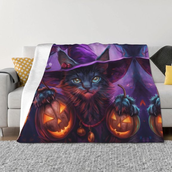 Throw Blanket for Couch - Halloween Witch Hat Cat Soft Comfy Lightweight Cozy Warm Throw Blanket, Fuzzy Plush Flannel Blanket & Throws for Sofa and Bed All Season