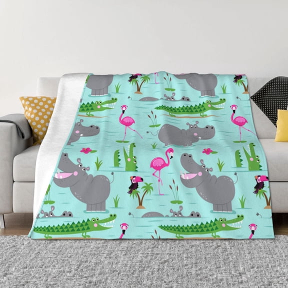 Throw Blanket for Couch - Hippo With Flamingos And Crocodiles Soft Comfy Lightweight Cozy Warm Throw Blanket, Fuzzy Plush Flannel Blanket & Throws for Sofa and Bed All Season