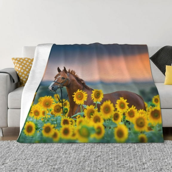 Throw Blanket for Couch - Horse Sunflowers Soft Comfy Lightweight Cozy Warm Throw Blanket, Fuzzy Plush Flannel Blanket & Throws for Sofa and Bed All Season