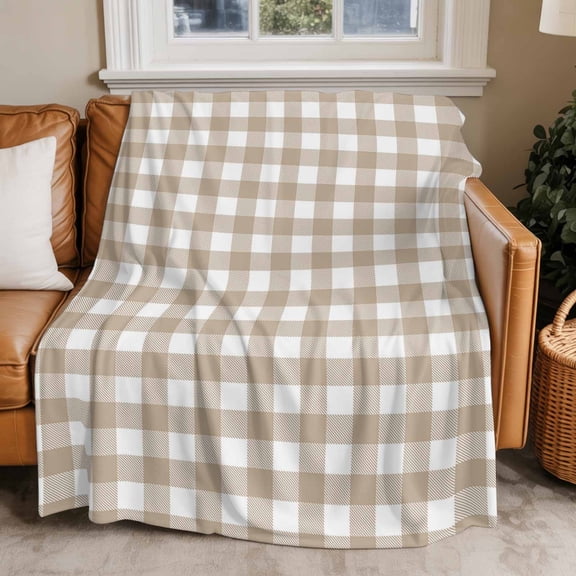 Throw Blanket for Couch Khaki Buffalo Check Plaid Soft Fleece Flannel Blankets Cozy Lightweight Blanket for Home Sofa Living Room Farmhouse Style Bed Throws 50" x 60"