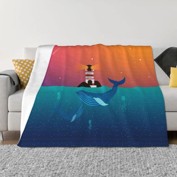 Throw Blanket for Couch - Lighthouse and Whale Soft Comfy Lightweight Cozy Warm Throw Blanket, Fuzzy Plush Flannel Blanket & Throws for Sofa and Bed All Season