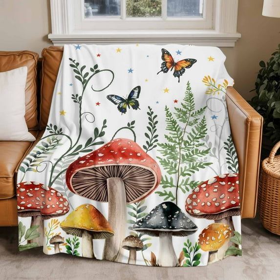 Throw Blanket for Couch Mushrooms Butterfly Soft Fleece Flannel Blankets Cozy Lightweight Blanket for Home Sofa Living Room Green Leaf Plant Bed Throws 50" x 60"