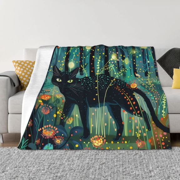 Throw Blanket for Couch - Mystical Black Cat Fireflies Soft Comfy Lightweight Cozy Warm Throw Blanket, Fuzzy Plush Flannel Blanket & Throws for Sofa and Bed All Season