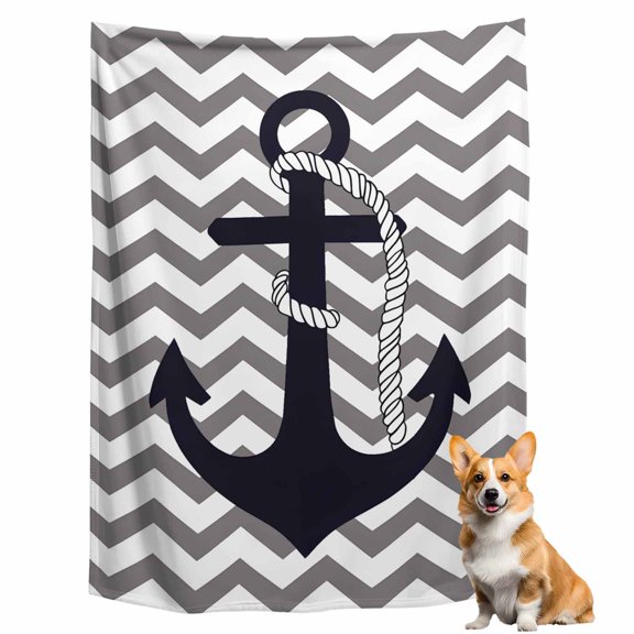 Throw Blanket for Couch, Nautical Anchor Dark Blue Soft Fleece Blanket 40x50in, Cozy Warm Flannel Throw Blankets All Season Use, Grey Zigzag Chevron Lightweight Blankets for Sofa Bed