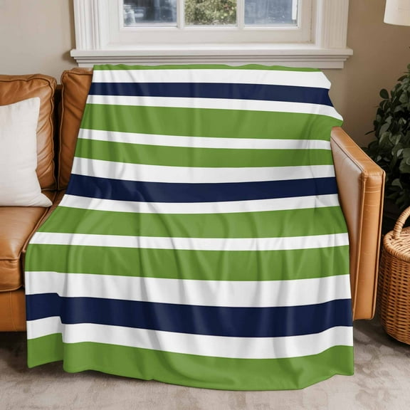 Throw Blanket for Couch Navy Blue Green Stripes Soft Fleece Flannel Blankets Cozy Lightweight Blanket for Home Sofa Living Room Lime Green Striped Bed Throws 50" x 60"